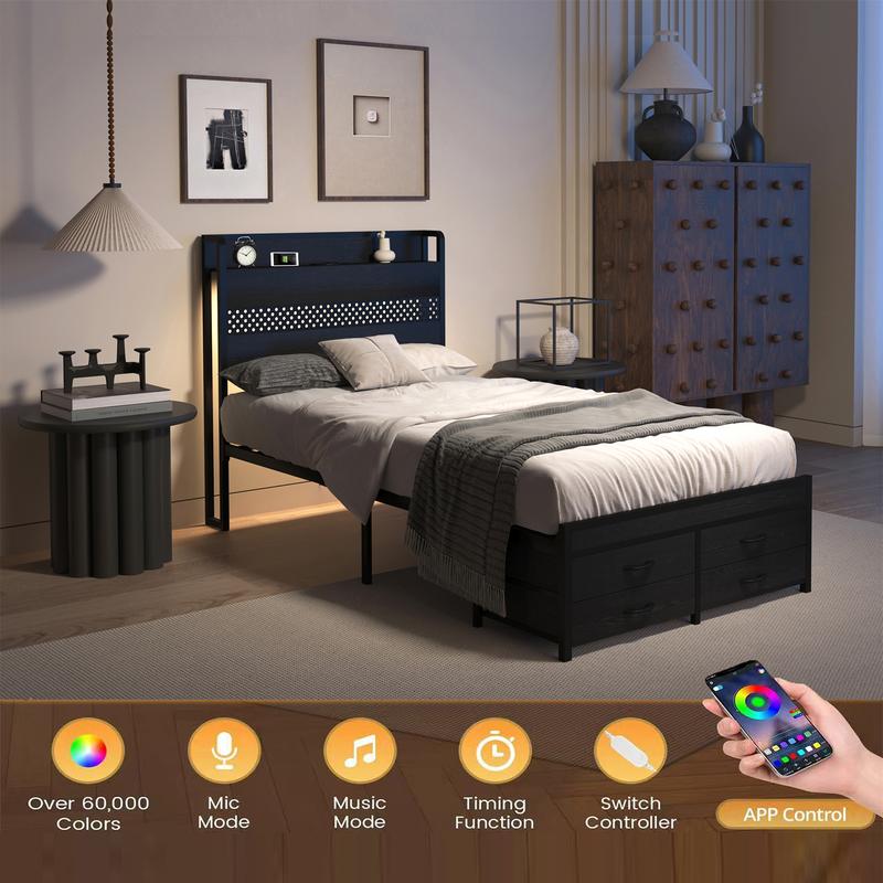 Twin Bed Frames with Headboard, Twin Size Bed Frames with Storage Drawers & Charging Headboard , 4 Drawers,Smart LED Bed Frame, Single Bed Frame, No Box Spring Needed,Noise-Free,Dorm essentials,bedroom accessories