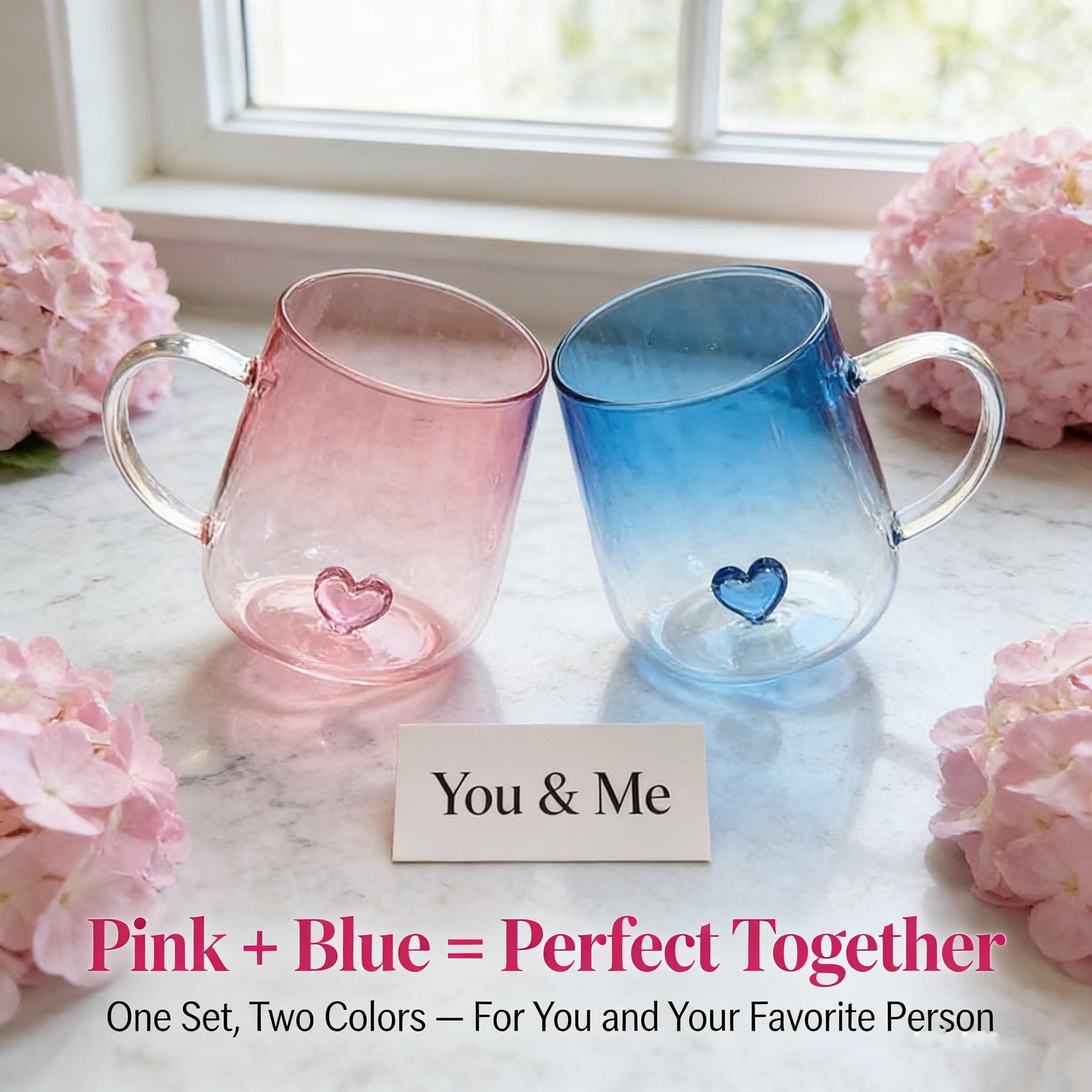 2 Pack gradient high Borosilicate Glass Cups, Transparent Coffee Cups, Coffee Mugs, Modern Glass Mug, Reusable Water Cups, 3D Heart Hand-Holding Cups, Aesthetic Tea Cups, for Coffee, Juice, Milk, Water, Mother's Day Gift