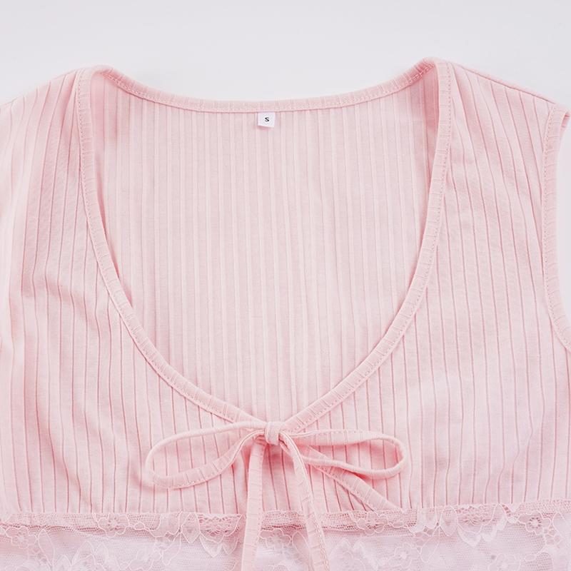 V-Neck Lace Crop Top, Sleeveless, Cute Y2K Style, Adjustable Tie, Transparent Design, Spring Summer Essential, Casual Wear