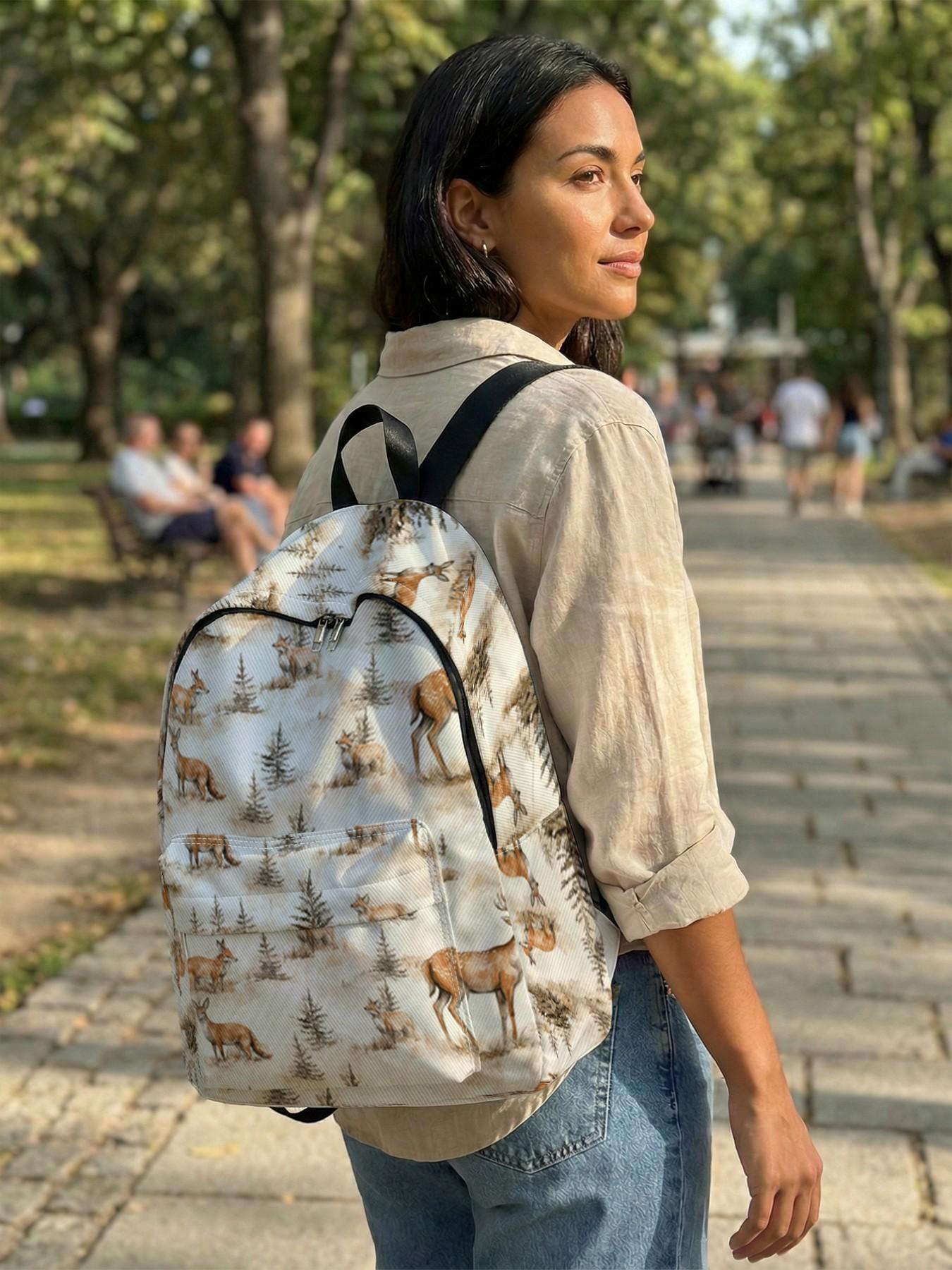 Deer Print Backpack, Fun Design, Fashionable Look, Spacious Storage, Ideal for School, Travel, Business Trips, All Seasons Use