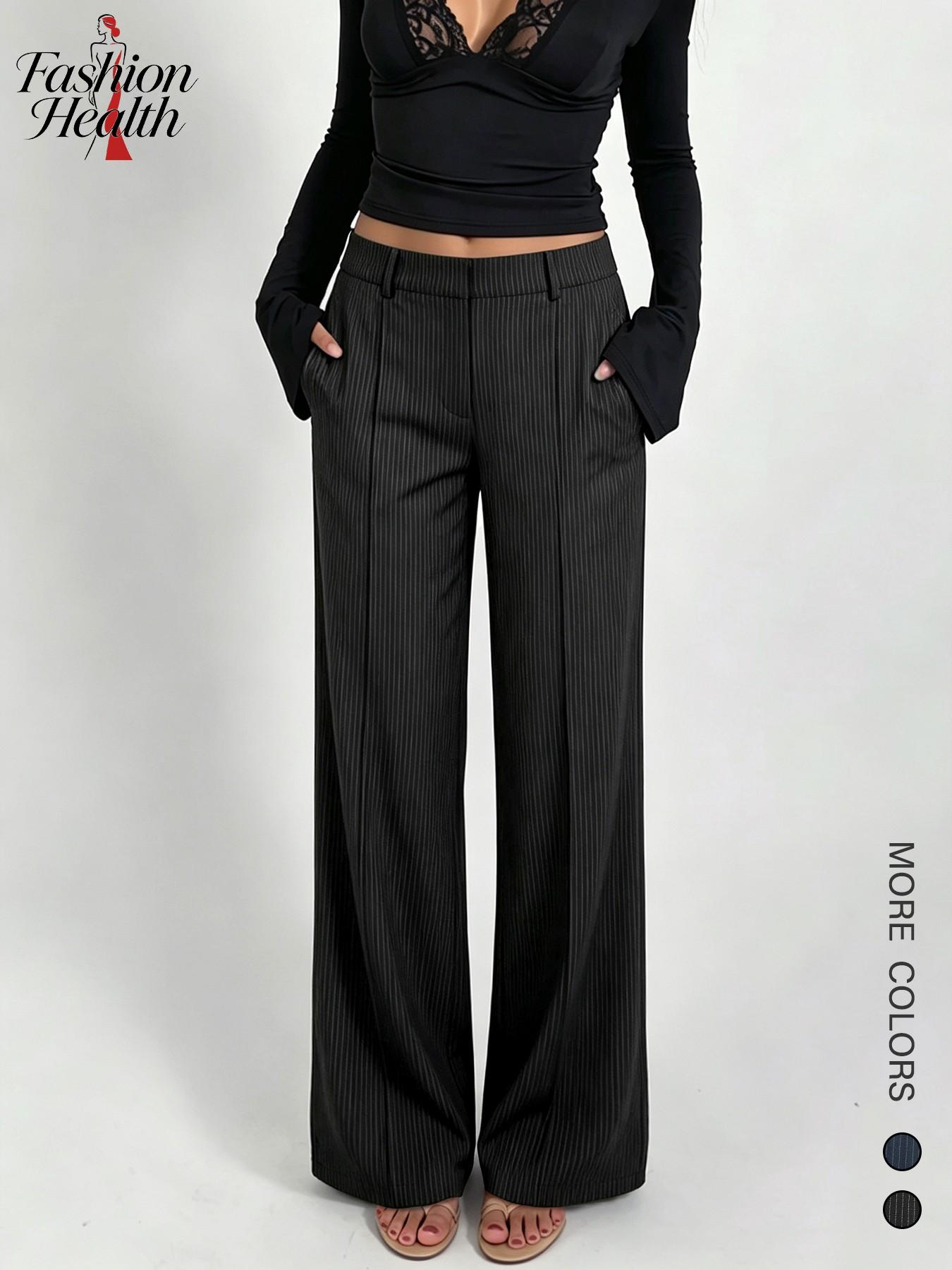 Women's High-Waisted Striped Pants, Casual Loose-Fit Baggy Office Wear, Spring Summer New Arrival, Korean Style Straight Leg Jeans