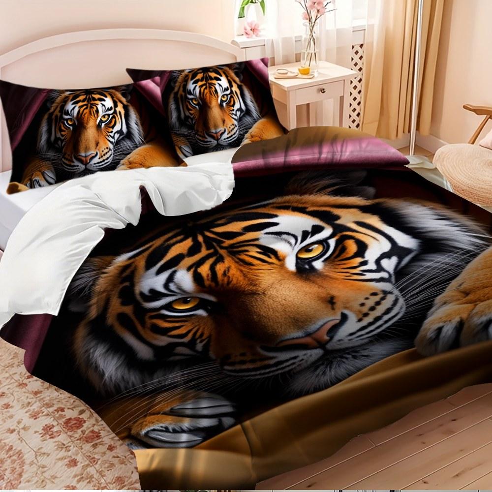Bedding 3-piece set - 3PCS,orange and purple patterned tiger lying down comforter set (1 comforter cover + 2 pillowcases, filling not included). soft and comfortable, suitable for family bedrooms.