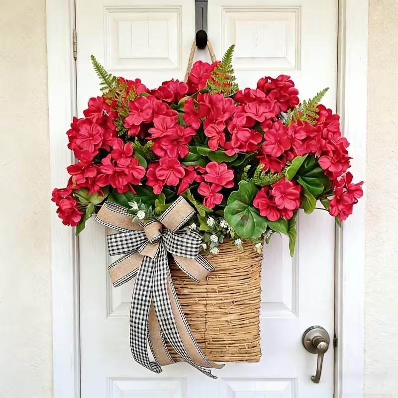 Spring Summer Geranium Artificial Flower Basket Wreath, Plaid Ribbon, Farmhouse Style Door Decor, Mother's Day Decoration