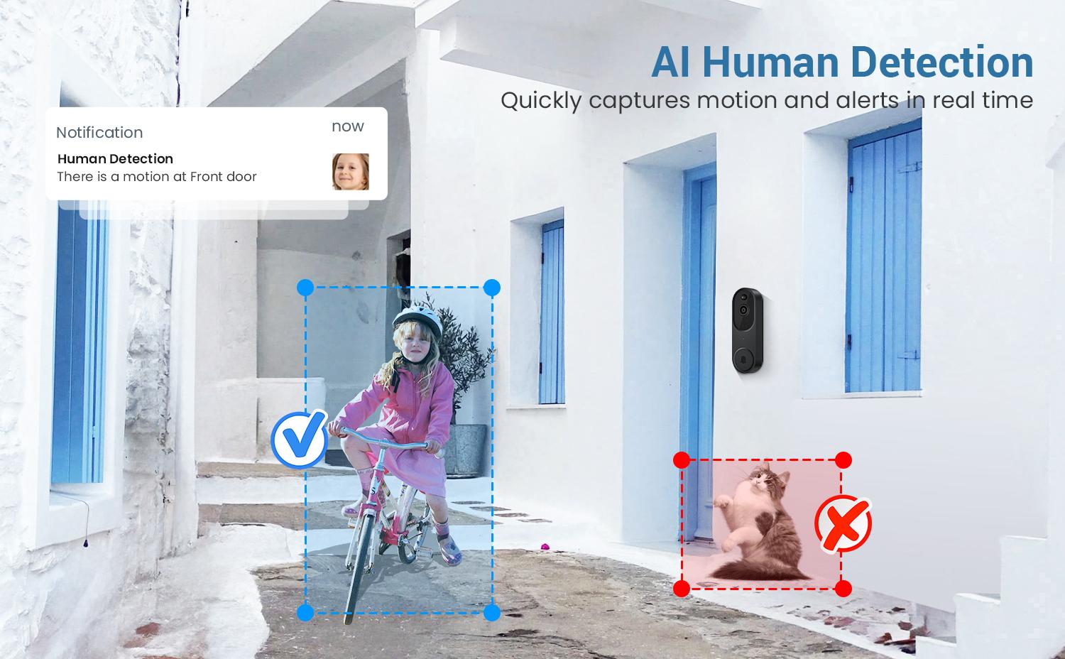 Wireless Video Doorbell Camera, Smart Security Doorbell Camera, 1080P, AI Human Detection , Night Vision, Instant Alert, Two Way Audio, 2.4G WiFi Only, Simple Installation and Rechargeable Battery, Cloud Storage, WiFi Camera