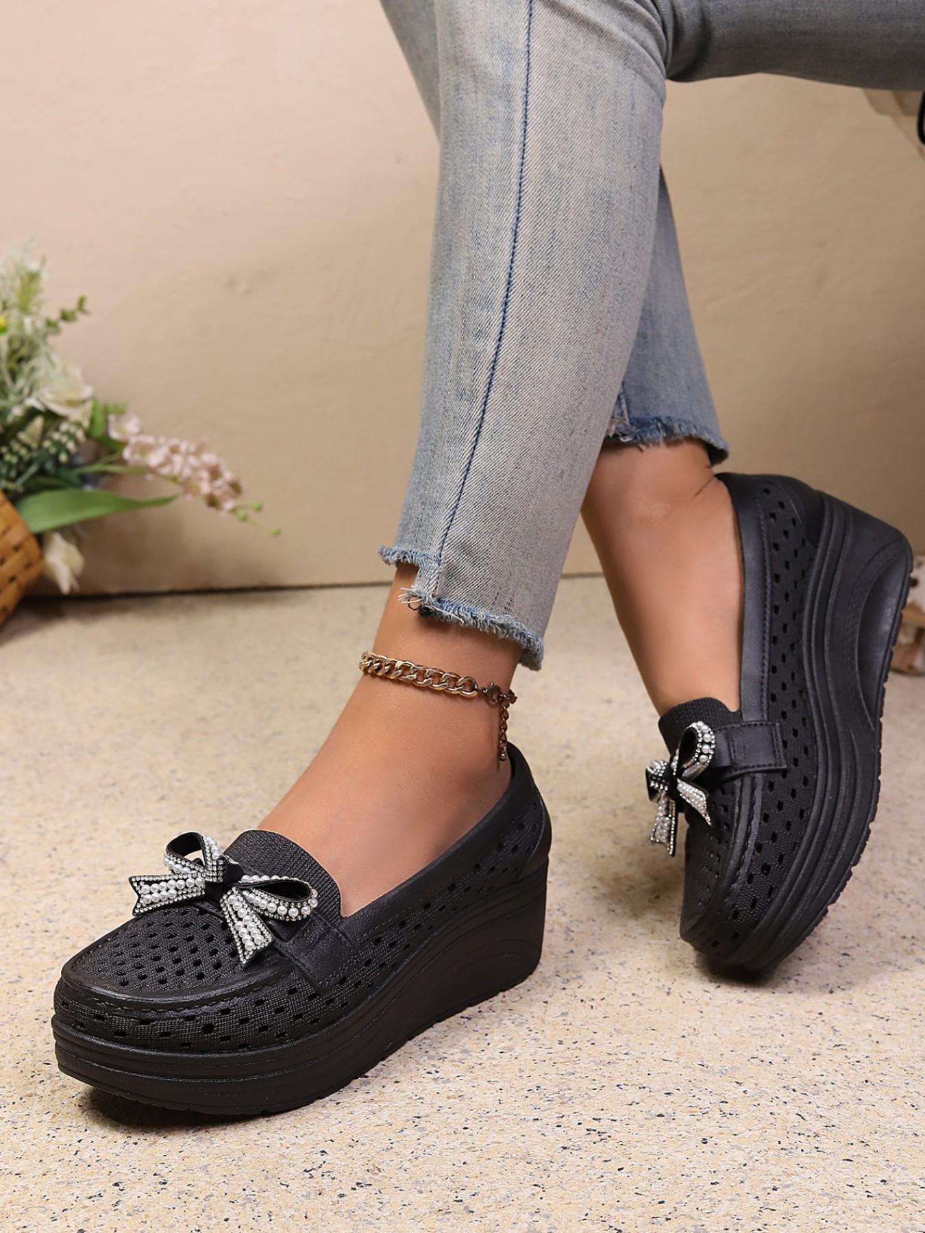 Summer New Metal Buckle, Bowknot, Pearl Decorative Hollow Out Breathable Platform Shoes, Thick Sole Heeled Loafers, Slip-On Lazy Shoes