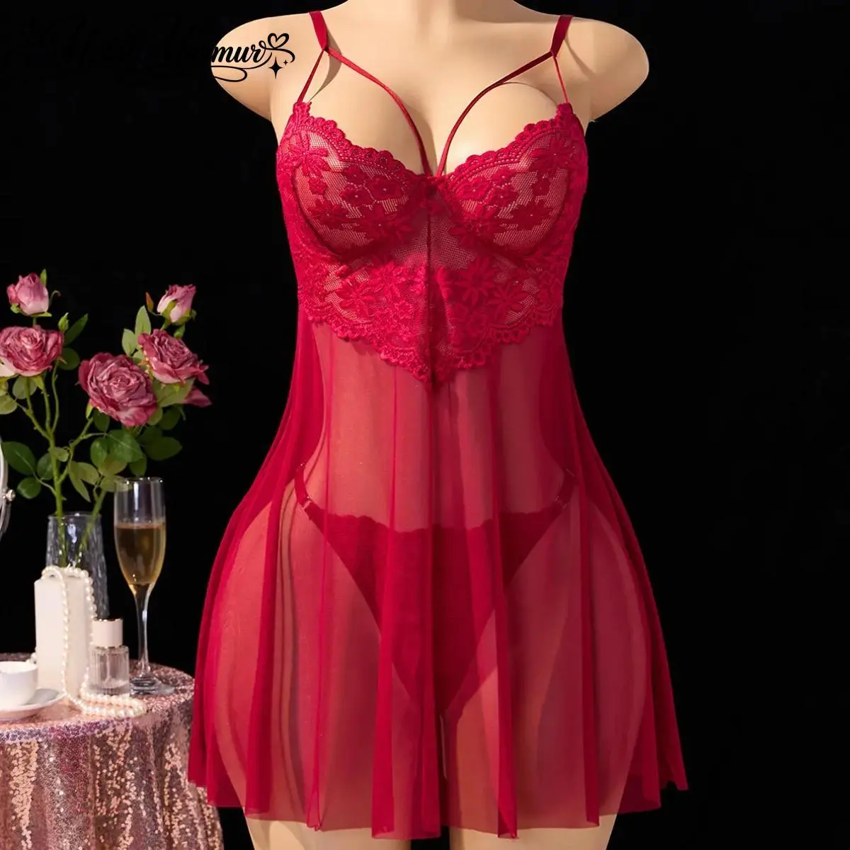 Sexy Lace Mesh Pajama Set – Sheer Floral Halter Nightgown, Ultra-Thin V-Neck Chemise Slip Dress for Women