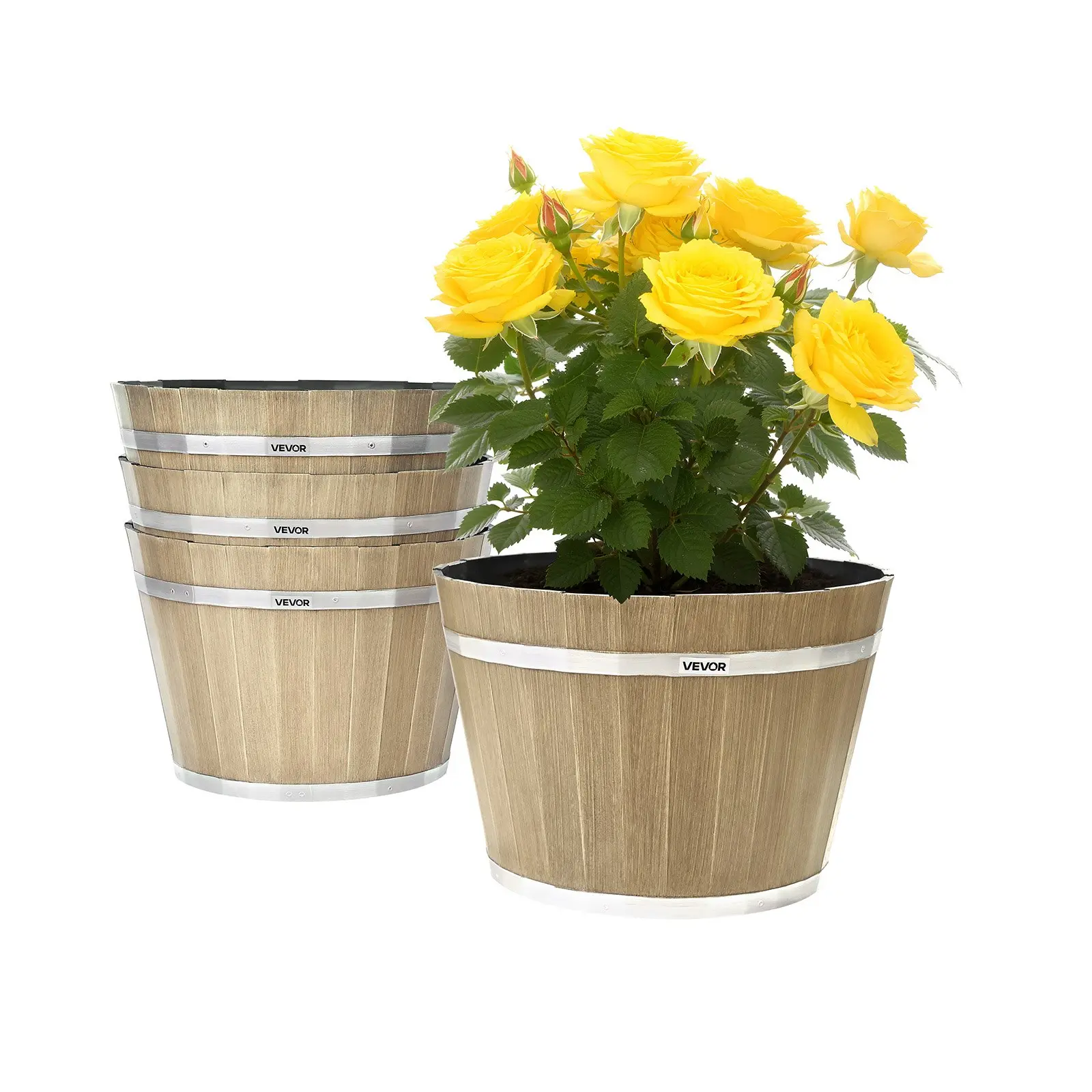 VEVOR 4-Pack Barrel Shape Plant Pots, 11.81" PP Plastic Whiskey Barrel Planters with Drainage Plug, Large Outdoor Decor Flower Pots for Indoor Garden Home Use, Brown, 11.81" Size