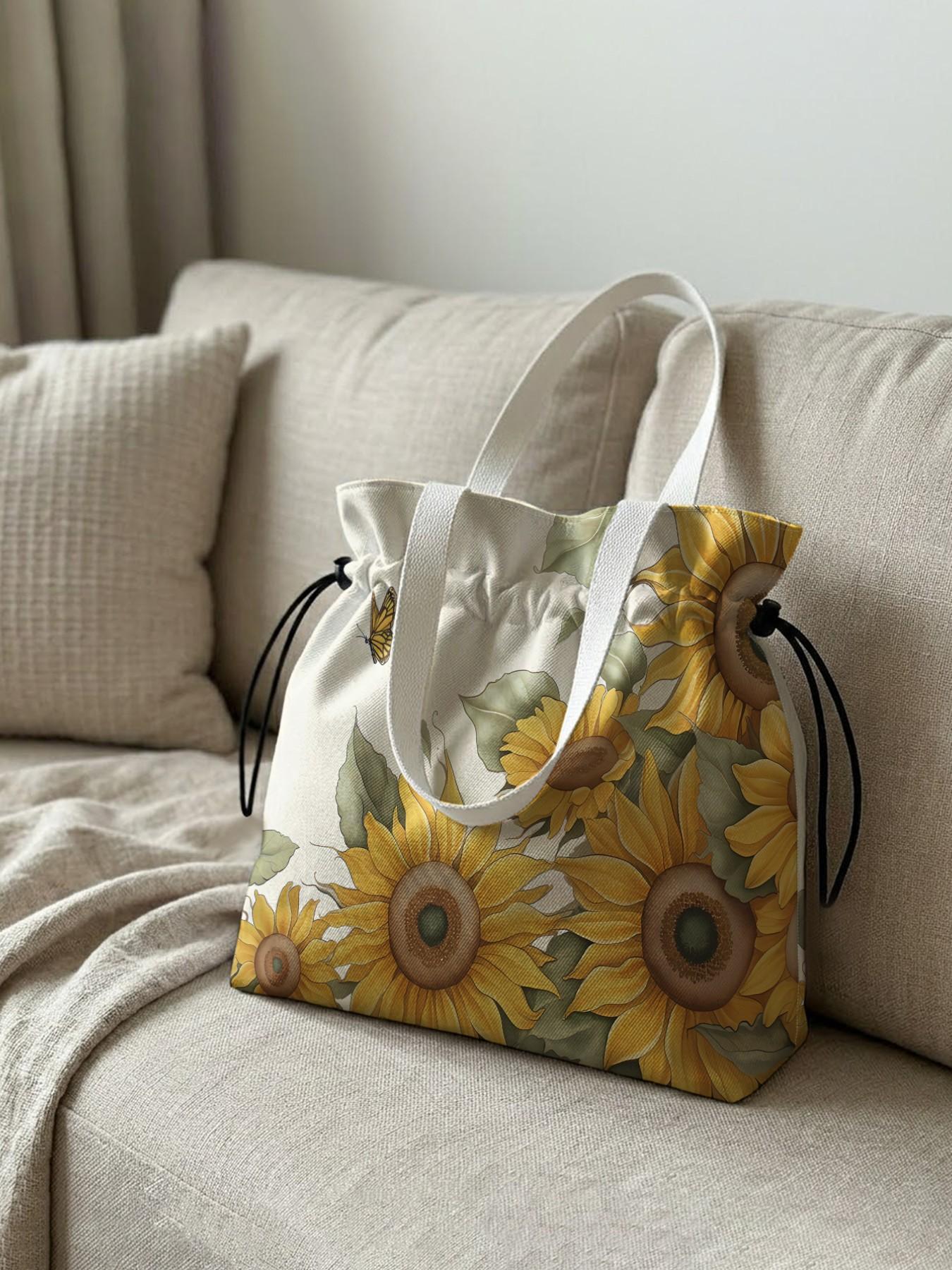 Sunflower Pattern Drawstring Tote Bag, Reusable Tote, Large Capacity Shopping Bag, Durable and Wear-Resistant, Casual Style for Work, Shopping, Picnic