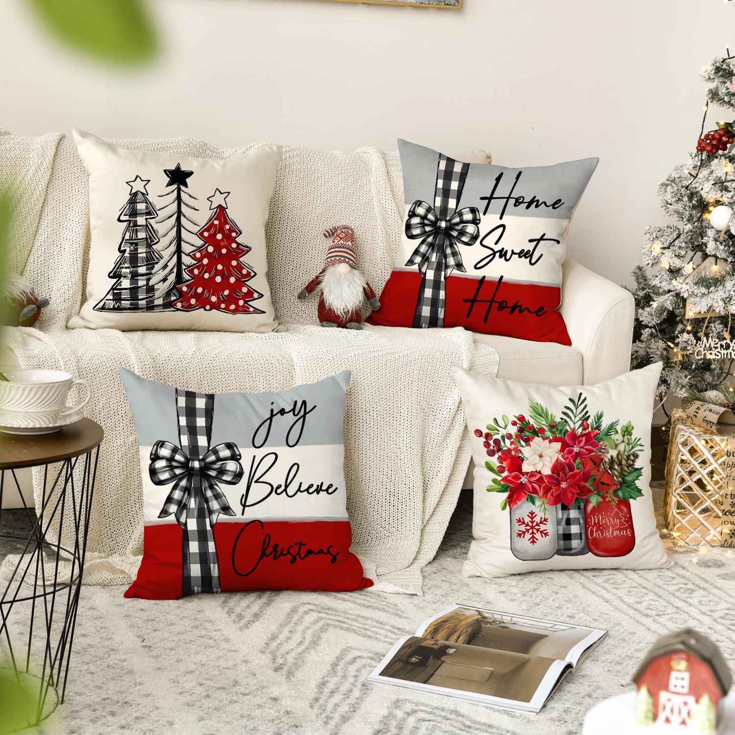 4pcs Christmas Pillow Covers Set, Tree Santa Snowflake Reindeer Prints, Winter Holiday Home Decor Cushion Cases for Bedroom Sofa Car Decoration, Halloween