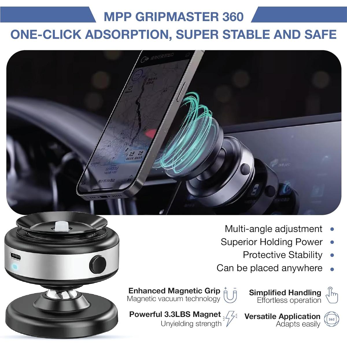 360° Rotatable Magnetic Car Phone Holder, Car Navigation Holder,Vacuum Glass Mirror Adsorption Magnetic Suction Cup Car Phone Mount,Car Mount One-Click Disassembly for Glass, Screens, Wall Tiles, Most Surfaces (Black/Silver), Christmas Gift