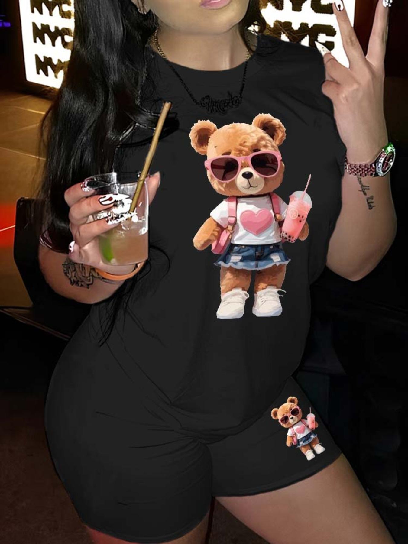 Two-Piece Set Women's Cartoon Bear Print Short Sleeve T-shirt & Skinny Shorts Set, Round Neck Tee & Shorts for Summer, Lady Outfits for Daily Wear