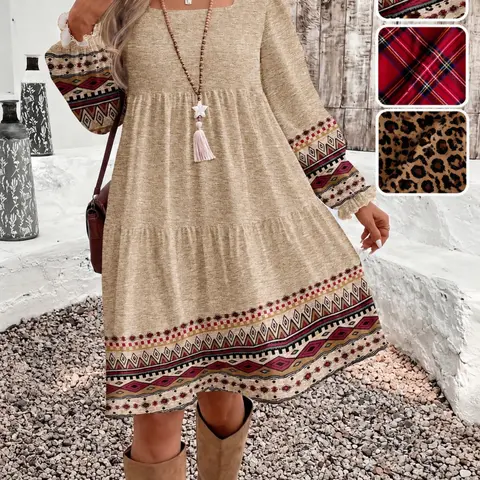 Plus Size Bohemian Boho Layered Dress, Long Sleeve Loose Fit, Square Neck Design, Ethnic Print Details, Perfect for Fall