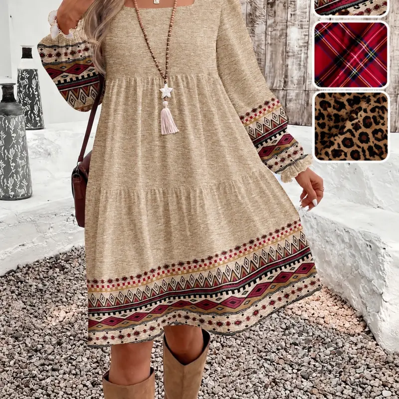 Plus Size Bohemian Boho Layered Dress, Long Sleeve Loose Fit, Square Neck Design, Ethnic Print Details, Perfect for Fall
