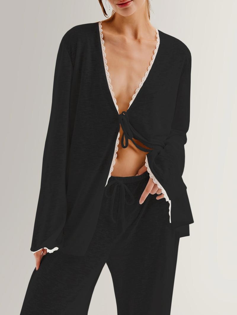 Women's Solid Color Lace Trim Top & Pants Loungewear Two-Piece Set, Elegant Comfy Breathable Outfits for Women, Women's Sleepwear for Summer, Pajama Set