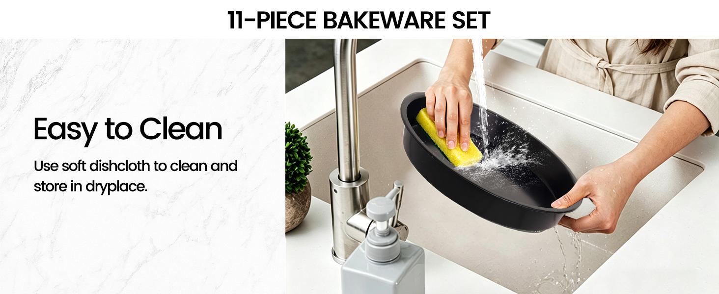 11-Piece Nonstick Baking Pans Set - Professional Grade Carbon Steel Bakeware with Premium Coating- Dishwasher Safe, Stackable, Oven Safe to 450 ° F (Black)