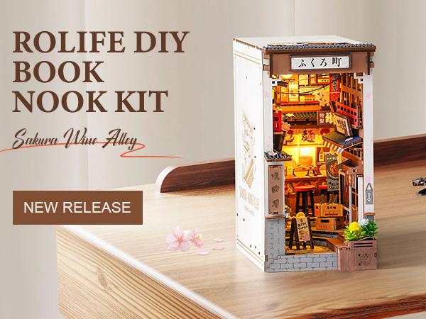 Rolife Book Nook Kit DIY Miniature House Kit for Adults 3D Wooden Puzzle Bookends Bookshelf Diorama Insert Dollhouse Creative Decorative Unique Gifts for Teens and Beginners (Sakura Wine Alley)