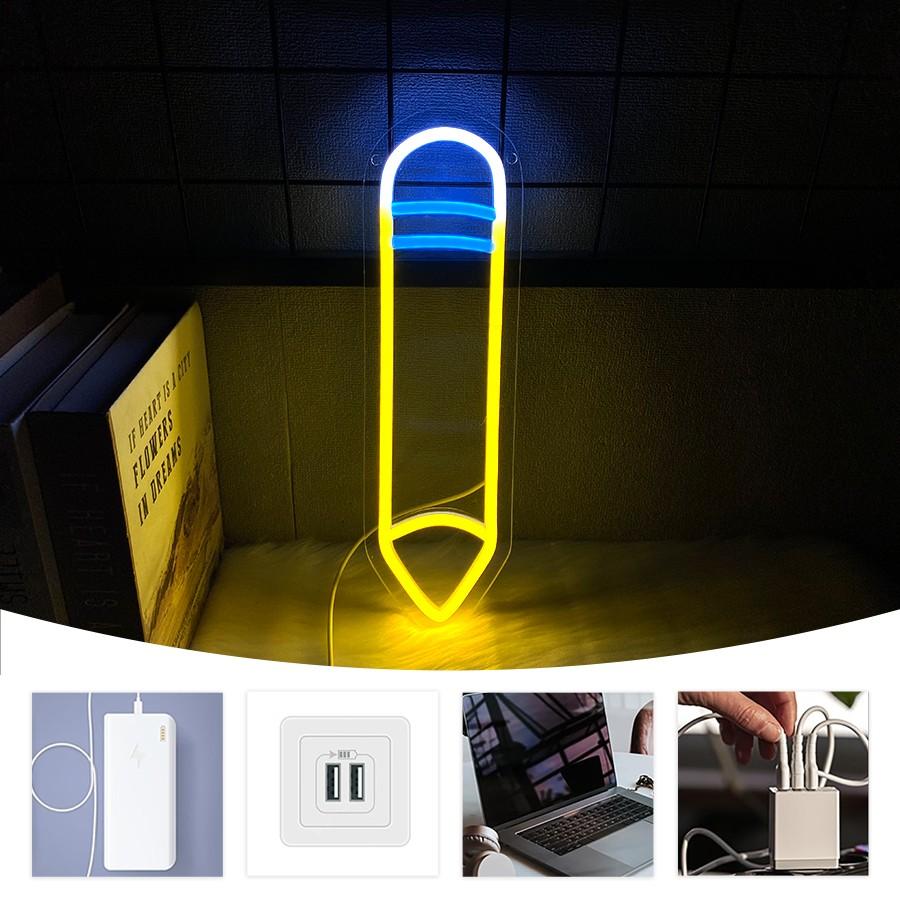 Pencil LED Neon Signs - Desk/Table Classroom Lamp with Stand for Bedroom, Study Room, Game Room - USB Powered Pencil Neon Lights - Back to School Classroom Lights for Teachers