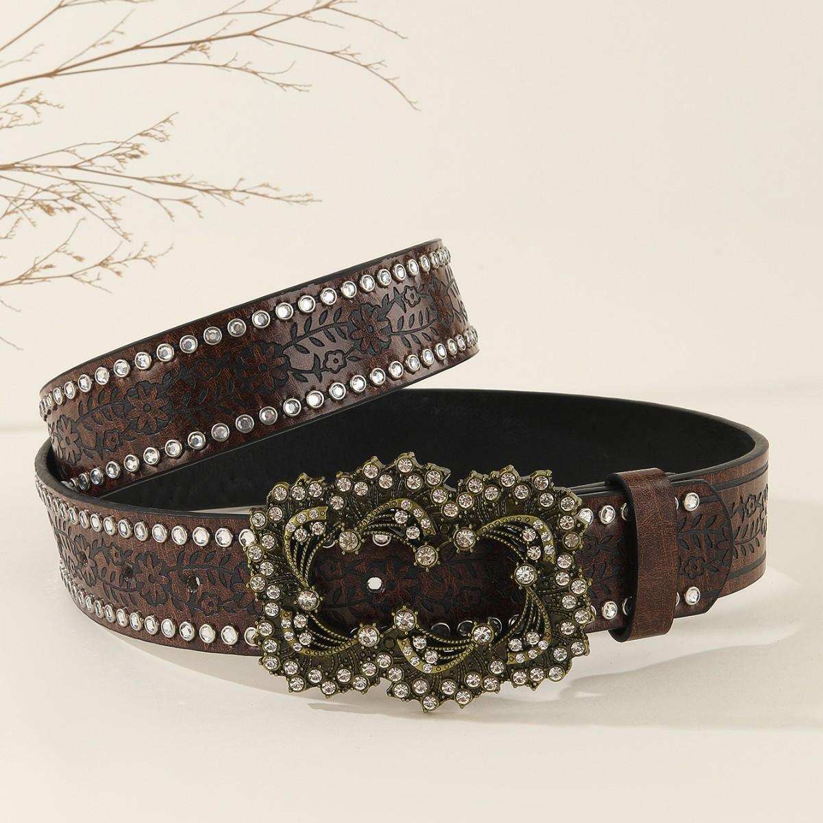 Punk Retro Belt with Rhinestone Buckle & Studded Trim