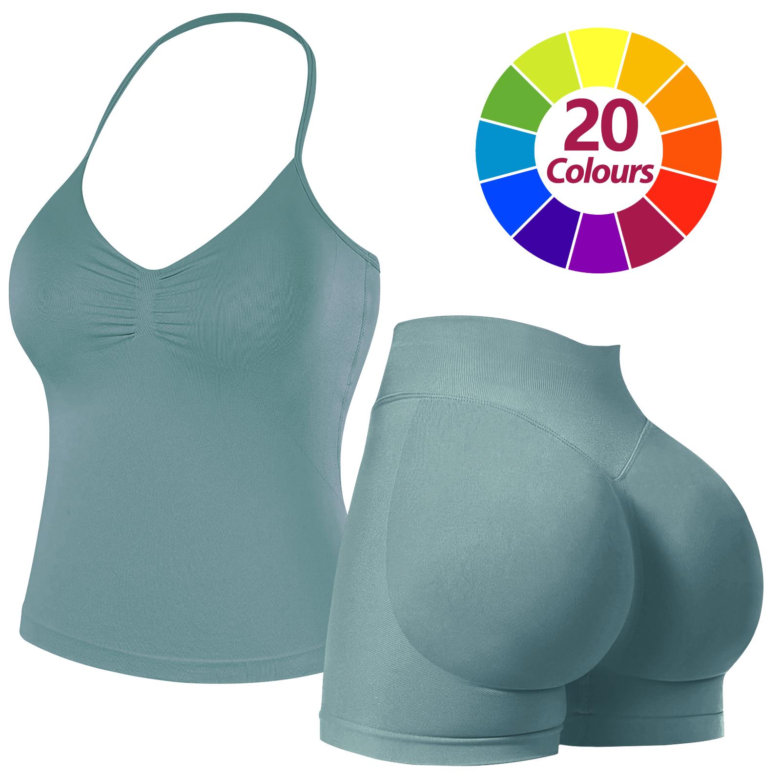 RICH BRIA 2PC Gym Set for Women, Halter Top & High Waist Impact Shorts Sports Set, Sporty Breathable Quick Dry Outfits for Yoga Gym Fitness Running, Ladies Sportswear for Summer, Workout Clothes, Athletic Gym Sets Clothing, Aleisure Wear Clothing