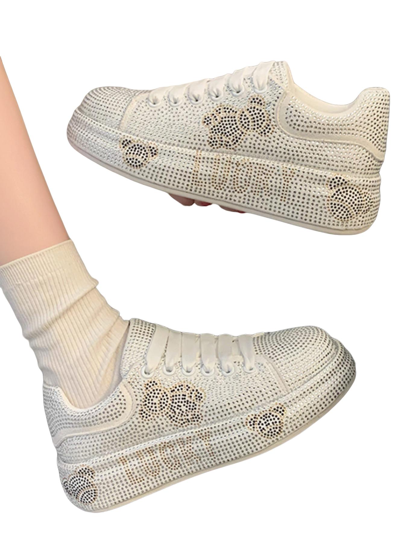 Full Diamond Thick Sole Sport Casual Shoes, Unique Design Handmade Embellished Luxury Thong Dad Sneakers, Party Banquet Multi-Scene Cool Women's Shoes