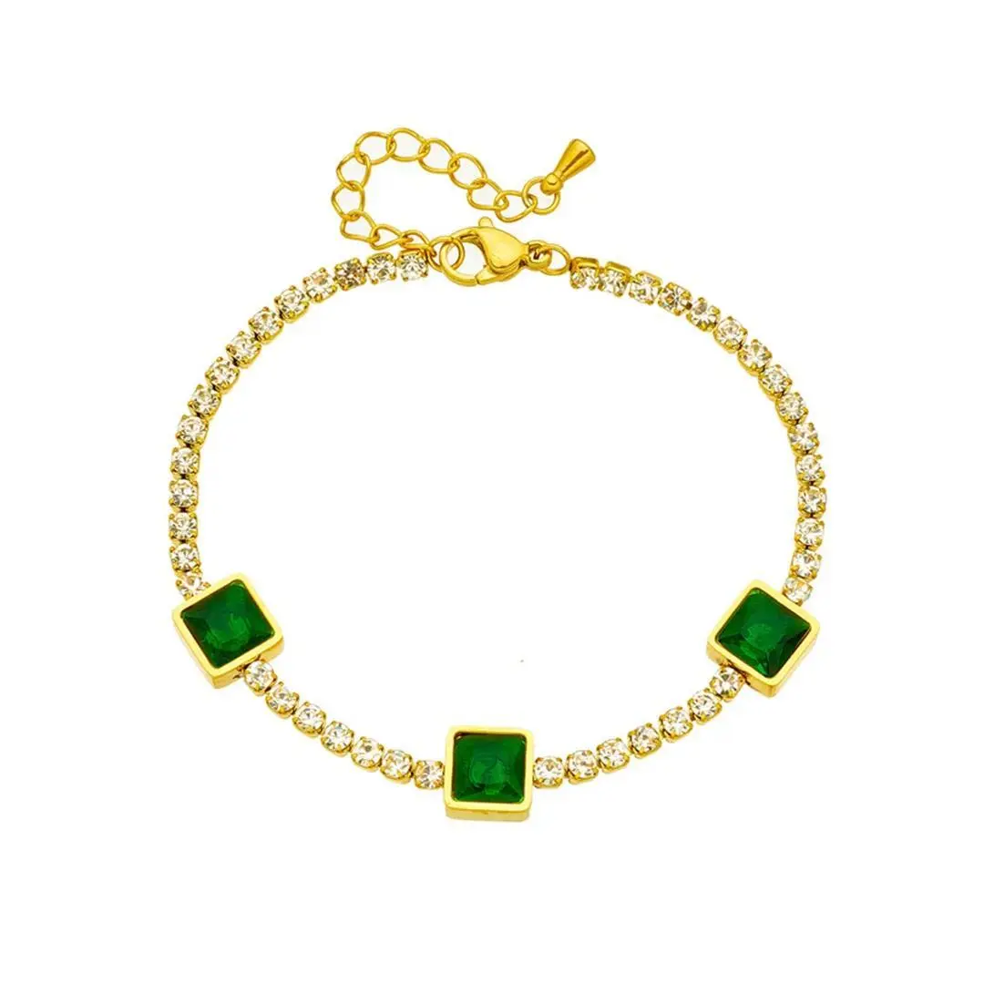 Punk Zirconia Green Square Charm Bracelet Femme Gold Color Stainless Steel Iced Out Tennis Chain Link Bracelet for Woman Jewelry