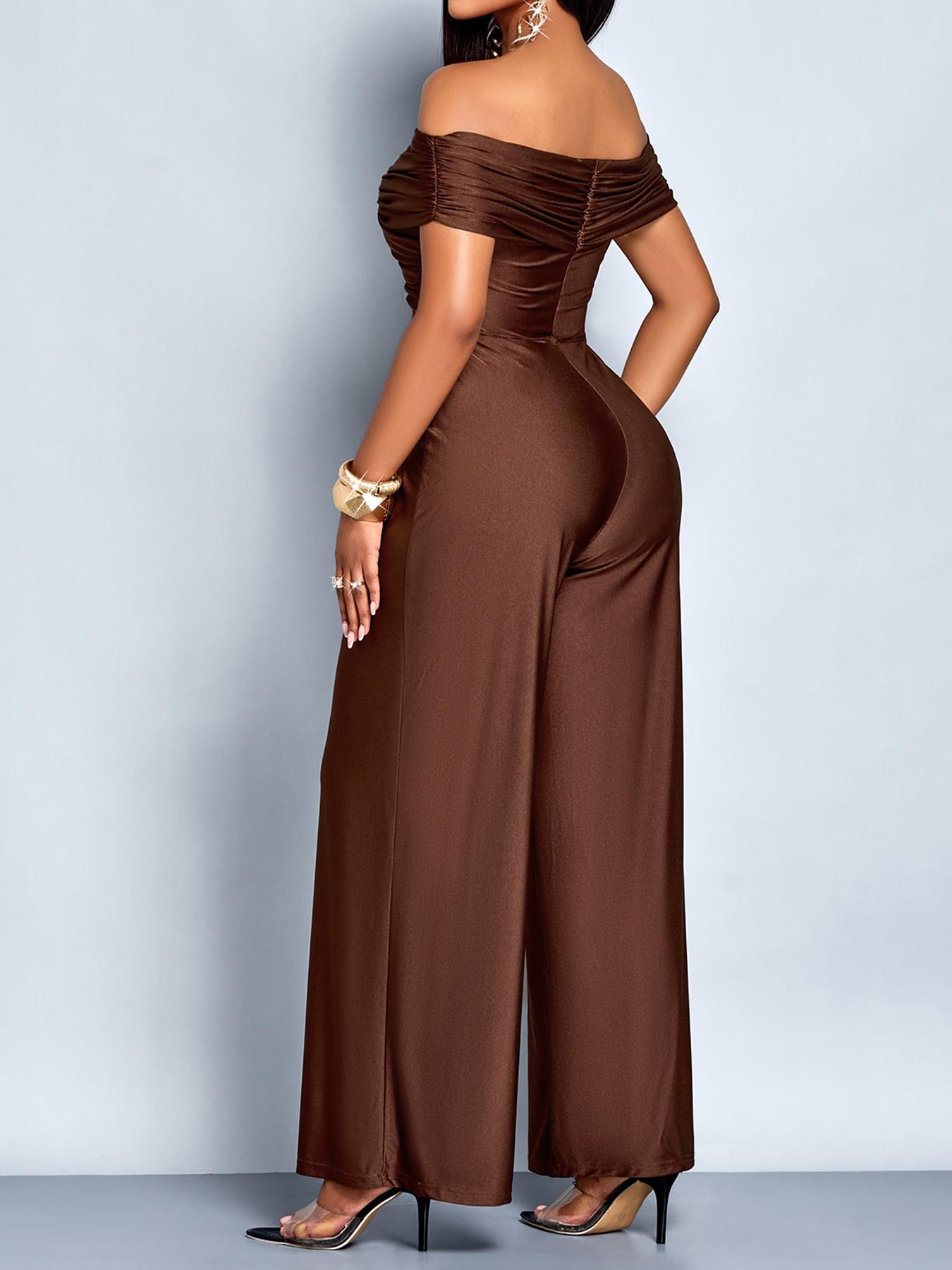 Aliling Elegant Casual Women's Solid Color One-Piece Jumpsuit, Shoulder Cut Out High Waist Straight Leg Pants, All Seasons Slim Fit