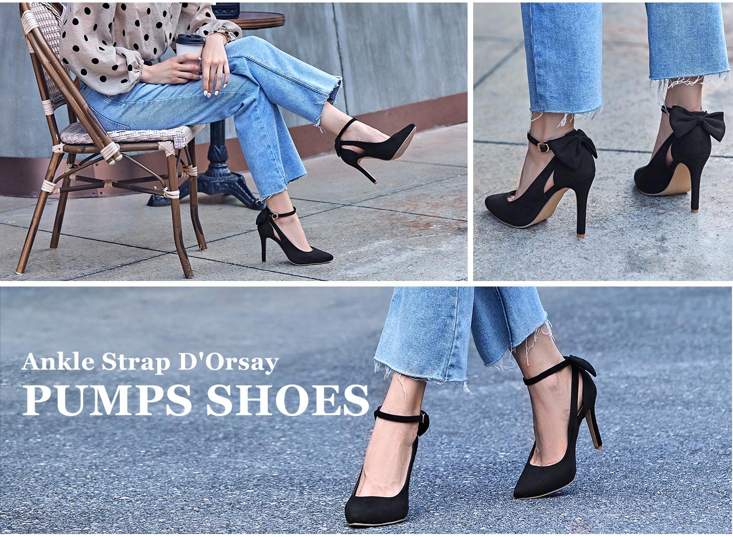 Coutgo Women's Pointed Toe High Heels Ankle Strap D'Orsay Pumps Shoes Bow Wedding Bowtie Back Dress Sandals