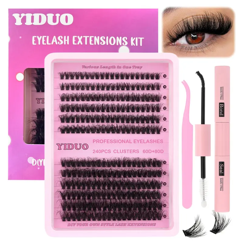 Natural Eyelash Extensions Kit, DIY Lash Set, Volume False Eyelashes with Eyelash Tweezers & Eyelash Glue, Curling Strip Lashes, Fluffy Cluster Lashes, DIY Eyelash Clusters, D Curl Lash Extension