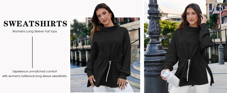 FISOEW Women's Turtleneck Sweatshirts Long Sleeve Pullover Tops Side Slit Tunic Shirts with Drawstring Waist Hoodie White Casual Womenswear #TikTokShopHolidayHaul