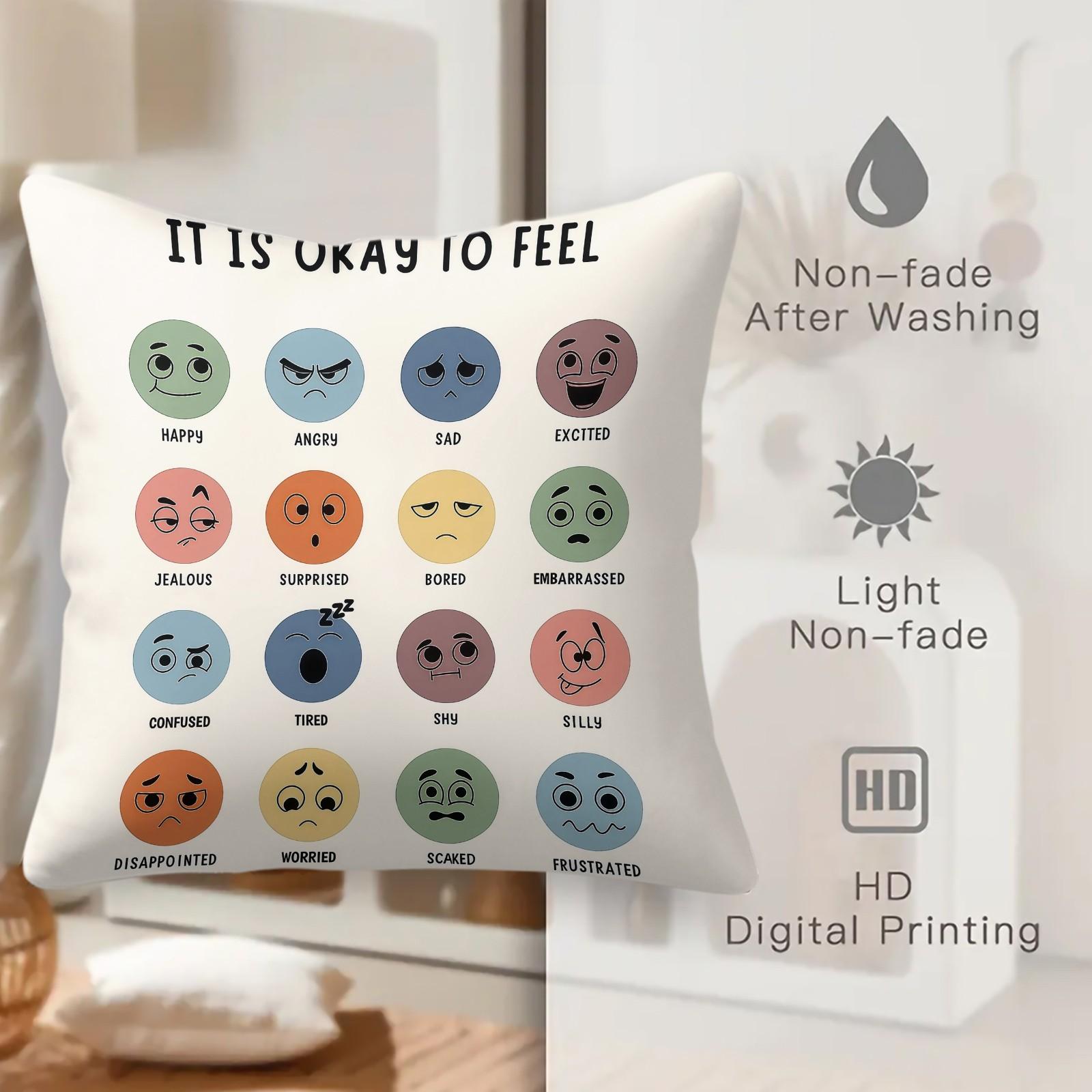 18 Inch It Is Okay to Feel Emotion Pillow Cover, Mental Health Awareness Emoji Throw Pillowcase, Dual Color Soft Cushion Cover for Sofa Couch Bedroom, Ideal Gift for Anxiety Relief & Self Care