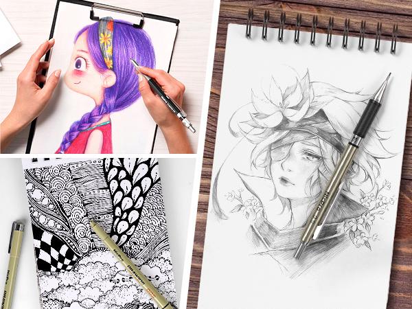 Nicpro 58 Pack Art Drawing Supplies Kit in Leather Case, Sketching Set with 6 Metal Mechanical Pencil 0.5 & 0.7 & 0.9 & 2mm, 12 Micron Pen & Sketch Book, Erasers Lead Refills for Artist Drafting, Art Supplies