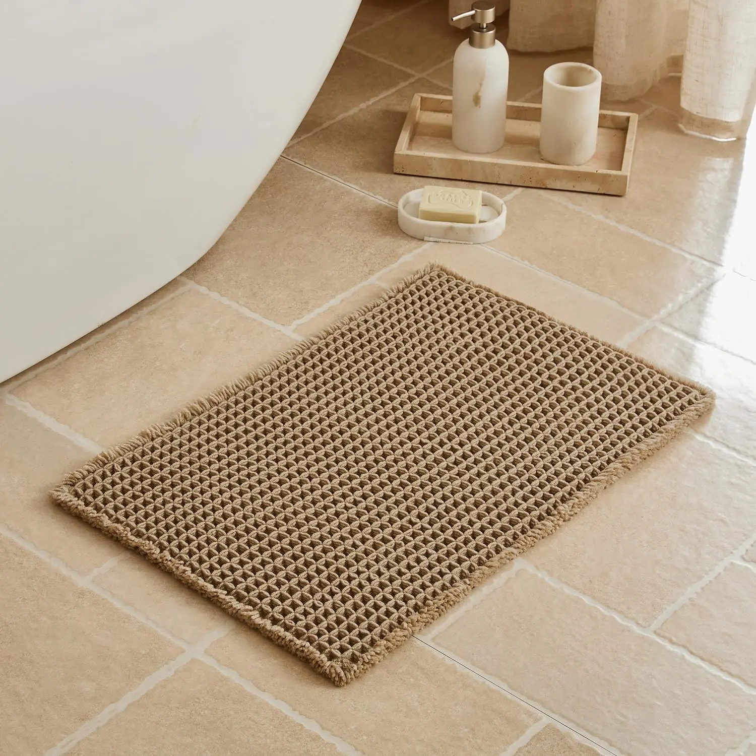 Waffle Bath Mat, Small Boho Bathroom Rugs Non Slip, 16x24 Khaki | Super Absorbent Quick Dry Bath Rug, Non-Slip Backing, Soft Waffle Washable Farmhouse Bathroom Mats, Tub, Shower & Home Decor