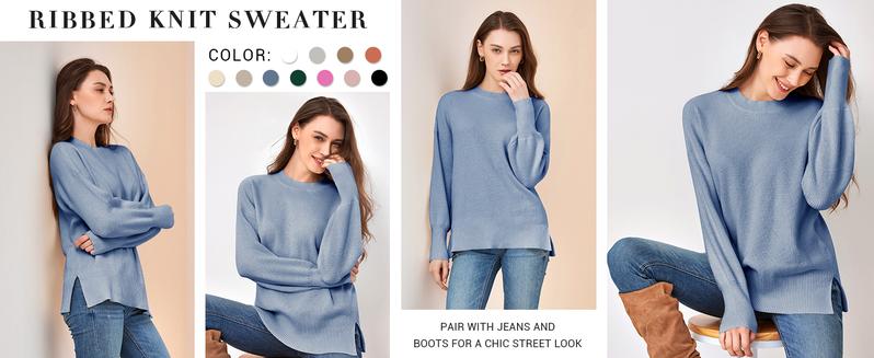 Saodimallsu Women's Oversized Tunic Sweater Fall Slouchy Long Sleeve Ribbed Knit Side Slit Pullover Jumper Chic Crewneck Loose Fit Knitwear Womenswear Style