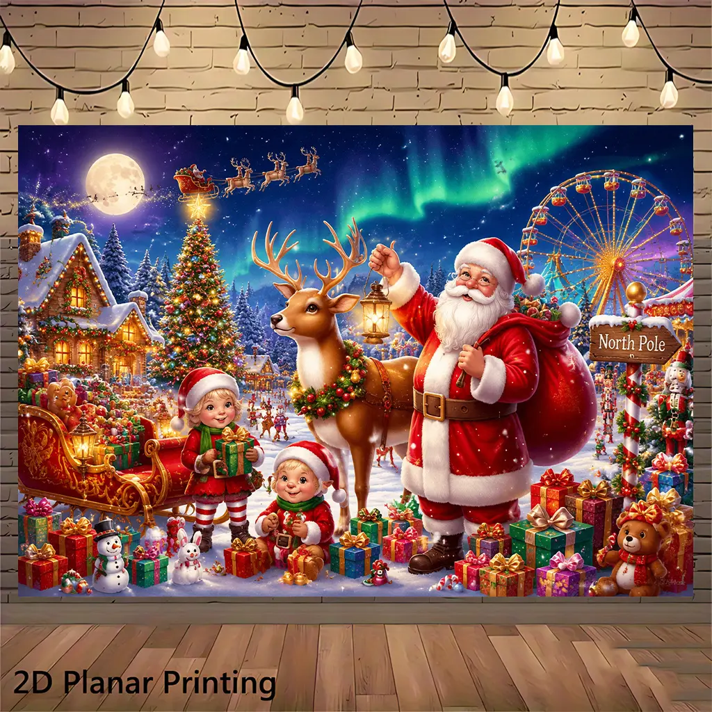 1pc 2D Flat Digital Print Festive Backdrops & Banners, Polyester Christmas Village Joyful Night Photo Background, No Power Needed, Easy Setup, Wall Decor for Living Room, Party Venue, Yard