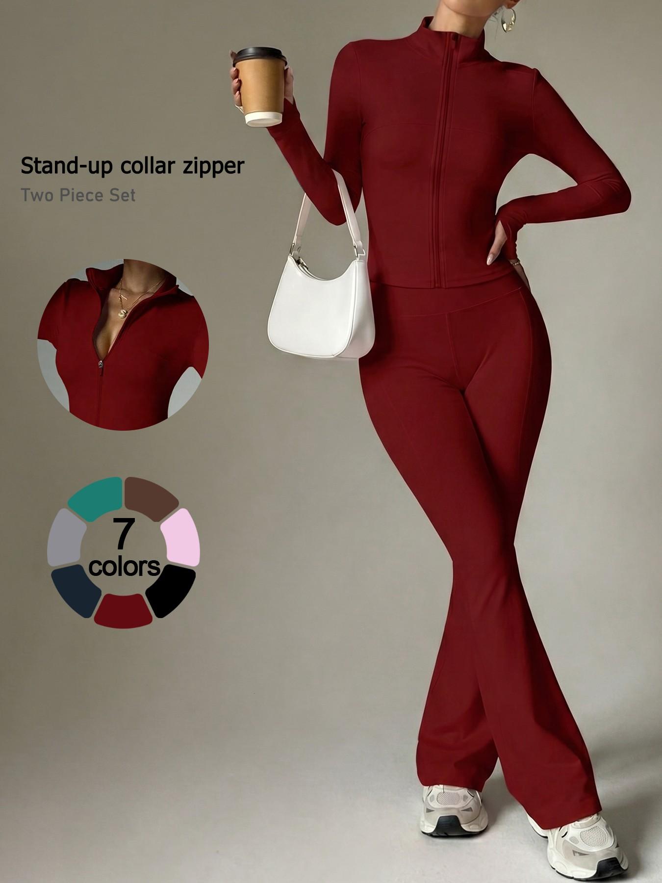 Women's 2-Piece Fitness Set, Stand Collar Full Zip Jacket, Long Sleeve High Waist Yoga Pants, Sporty All-Season Workout, Athleisure Wear Set, Yoga Outfit