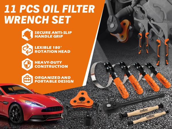 Oil Filter Wrench Set with Storage Case, 11pc or 9pc, Swivel Wrenches Fit 2-3/4" to 5-1/4", Adjustable Filter Pliers (9" & 12"), Valve Lapper Set, 3-Jaw Socket, Ratchet Handle for Garage, Roadside Repair, gift, Spring Glow Up