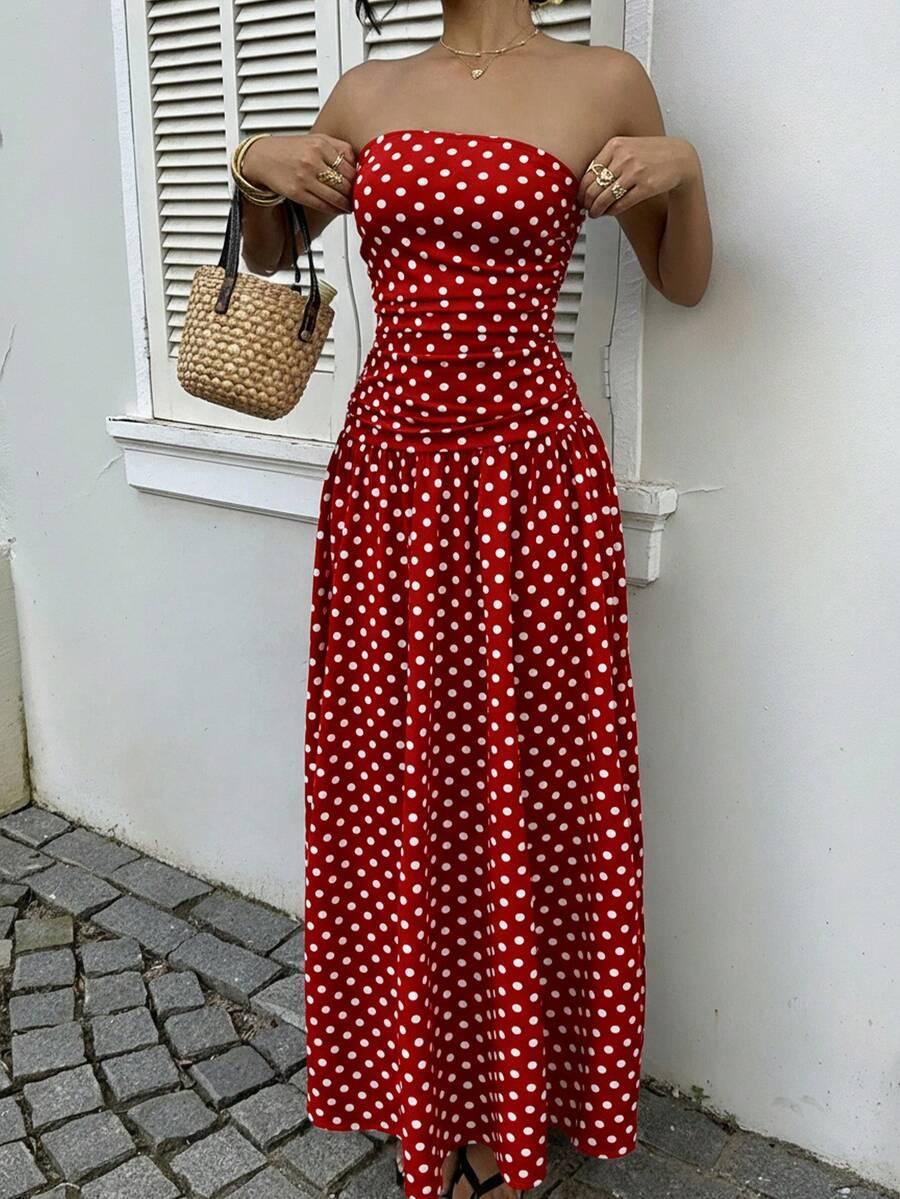 Women's Polka Dot Waist-Cropped Crop Top Dress, Vacation Style, Long Sun Dress, Casual Summer Midi Dress, Elegant Design