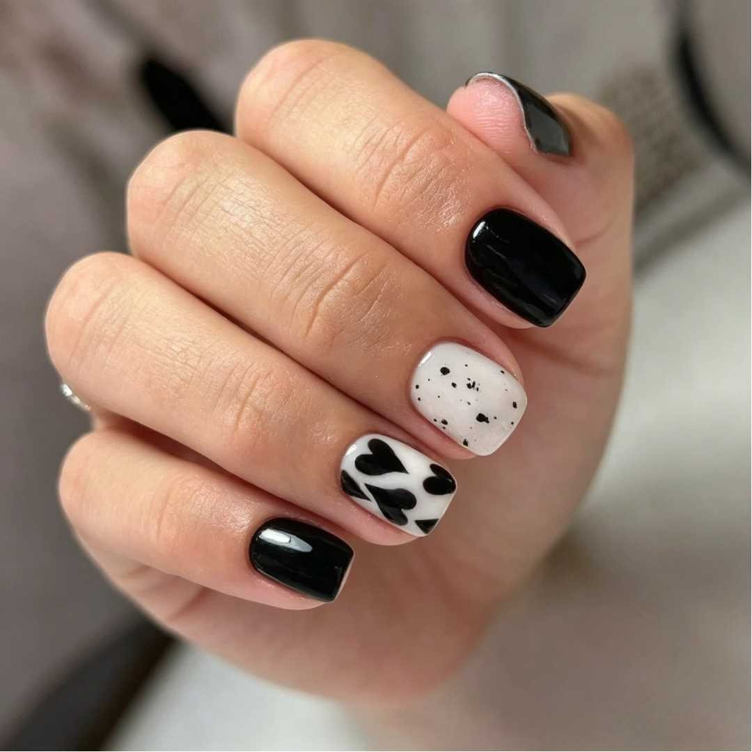 24pcs Short Square Nails, Classic Polka Dot Heart Design, Detachable Nail Art, European Style, Trendy Manicure Set