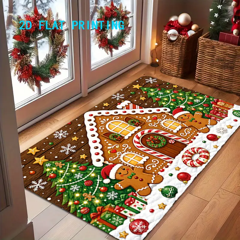 Flannel Floor Mat 1pc, 2D flat printing, Christmas gingerbread house themed entrance doormat, Christmas mat for entryway and living room, colorful and non-slip, machine washable carpet, suitable for home decoration, entrance, hall, bathroom, and balcony