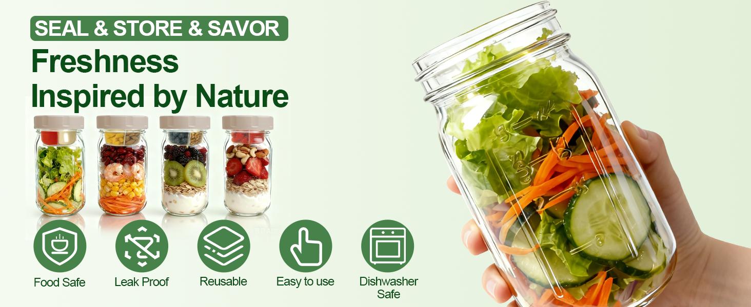 4 Pack Glass Salad Jars with Lids,32oz Mason Jars for Meal Prep,Leakproof Lunch Container with Two Small Built-in Boxes for Wet/Dry Separation of Salad Dressing and Dry Ingredients( Apricot White)