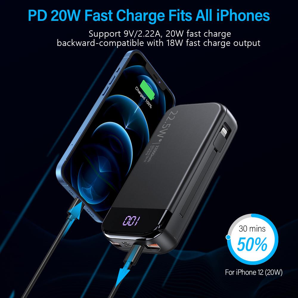 32000mAh Portable Charger with Built-in Cables, 22.5W Super Fast Charging Power Bank, Dual USB Output, 5 Outputs & 3 Inputs, 5 Outputs LCD Display Travel Battery Pack Compatible with iPhone, Samsung All Cell Phones