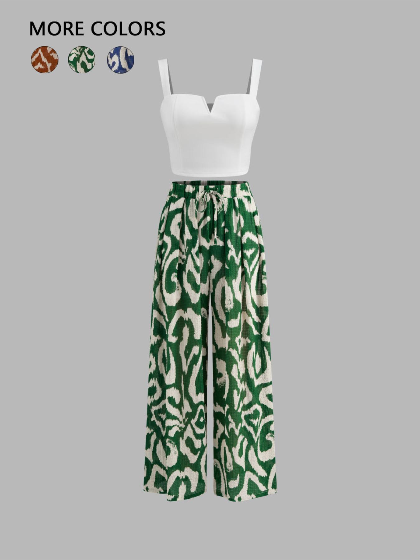 Women's Solid Color Crop Tank Top & Wide Leg Pants Two-Piece Set, Casual Fashion Cozy Top & Trousers for Daily Outdoor Wear, Ladies Clothes for All Seasons