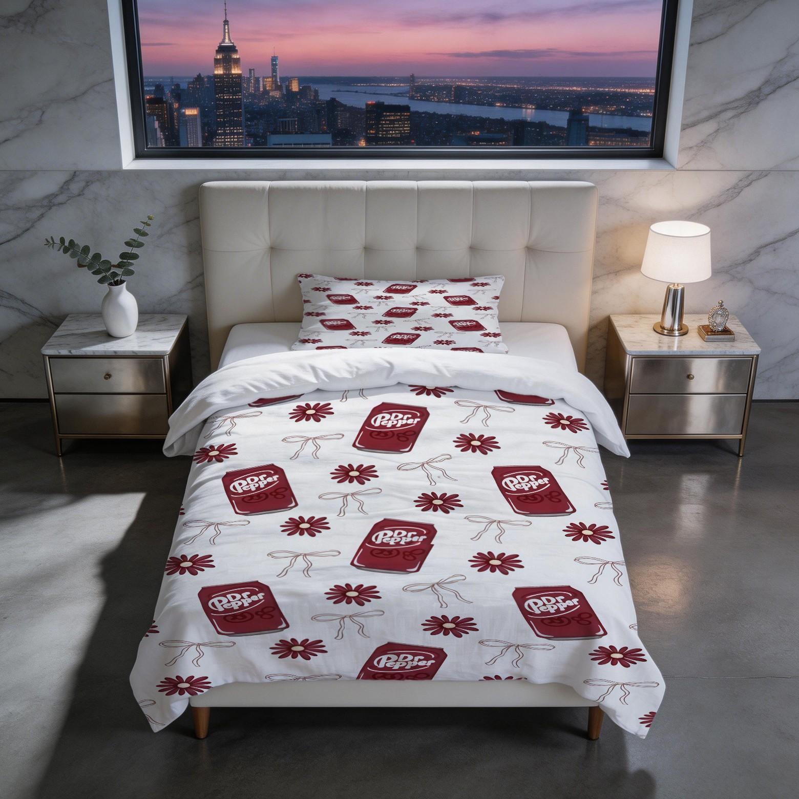 2/3 Piece Dr Pepper Duvet Cover Set, 1 Duvet Cover + 1/2 Pillowcases (NO FILLING INCLUDED), Retro Soda Drink Themed Bedding, Cute Floral Bedroom Decor for Soda Lovers, Ideal Gift for Dr Pepper Fans