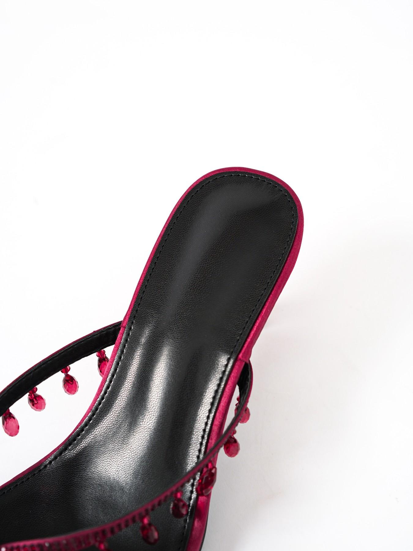 Burgundy Satin Thong High‑Heel Mules Women Water Drop Rhinestone Tassel Slip‑on Heeled Sandals Evening Party Dress Shoes