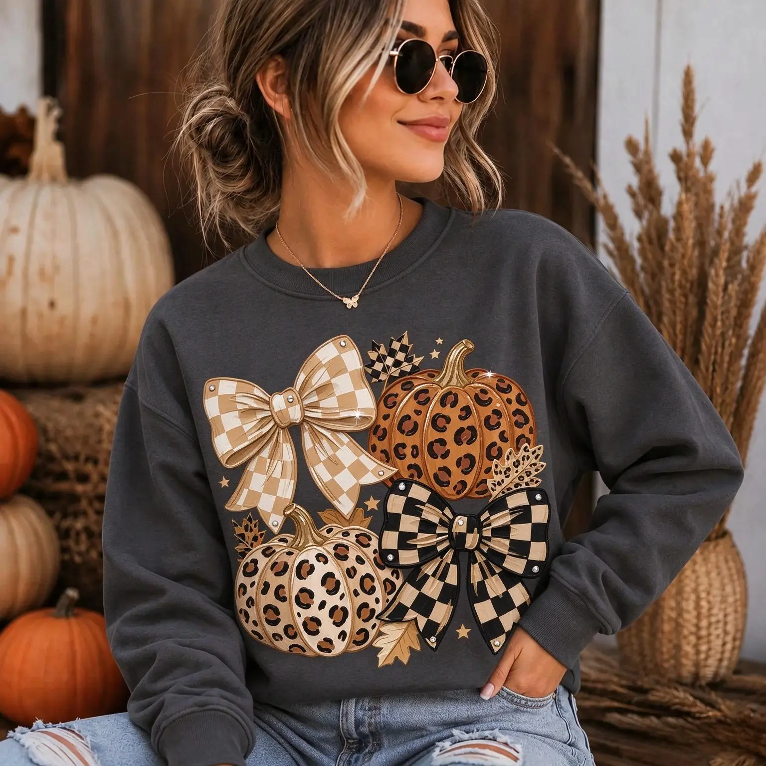 Fall Pumpkin T-Shirt & Sweatshirt, Leopard Pumpkin Bow Shirt, Checkerboard Autumn Graphic Tee, Cute Thanksgiving Crewneck, Trendy Fall Outfit for Women, Pumpkin Season Gift for Her