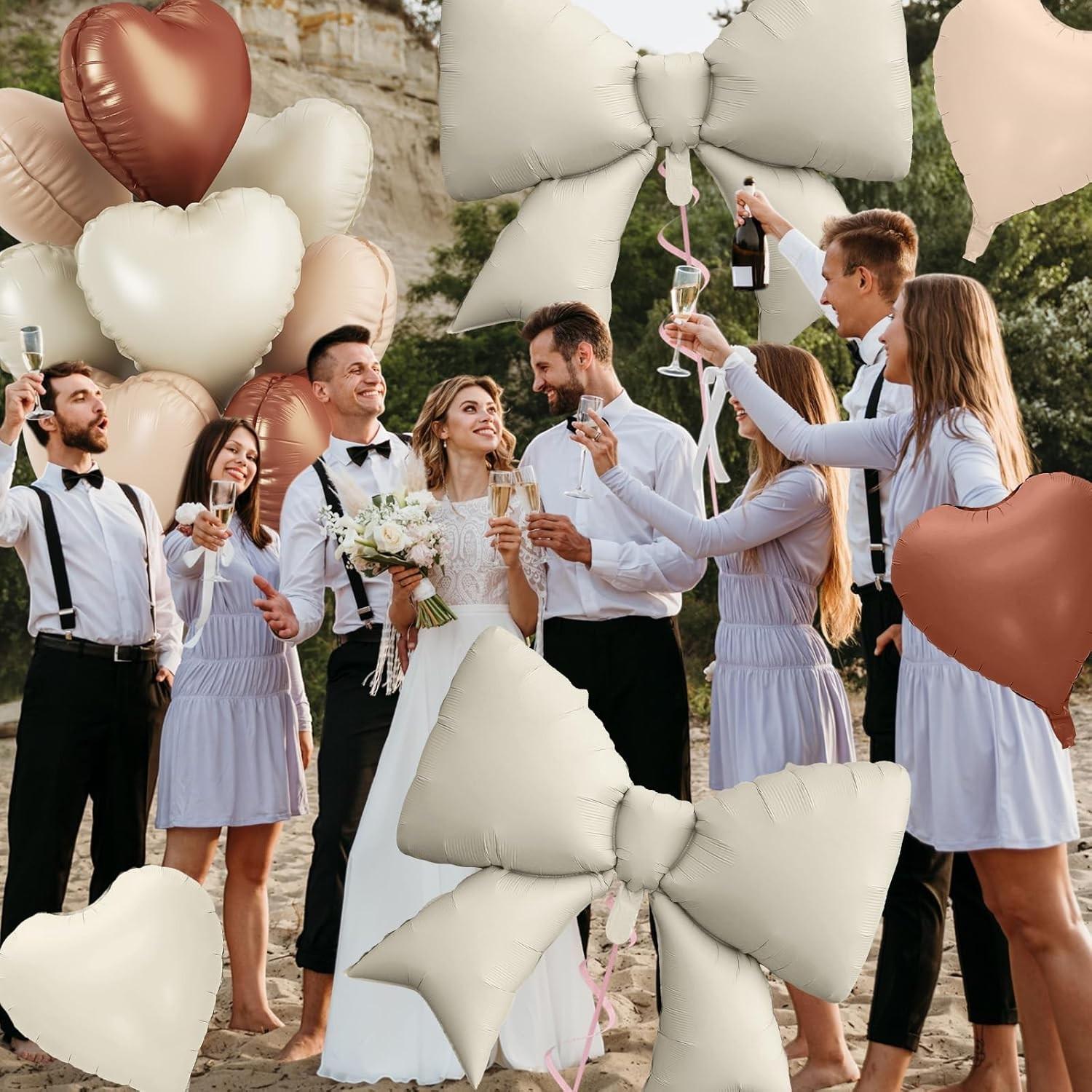 Brown cream heart-shaped balloons, foil bow balloons, 10 18 inch heart-shaped balloons and 2 38 inch bow balloons (with 2 accessories), used for birthday baby shower, Valentine's Day wedding party decoration