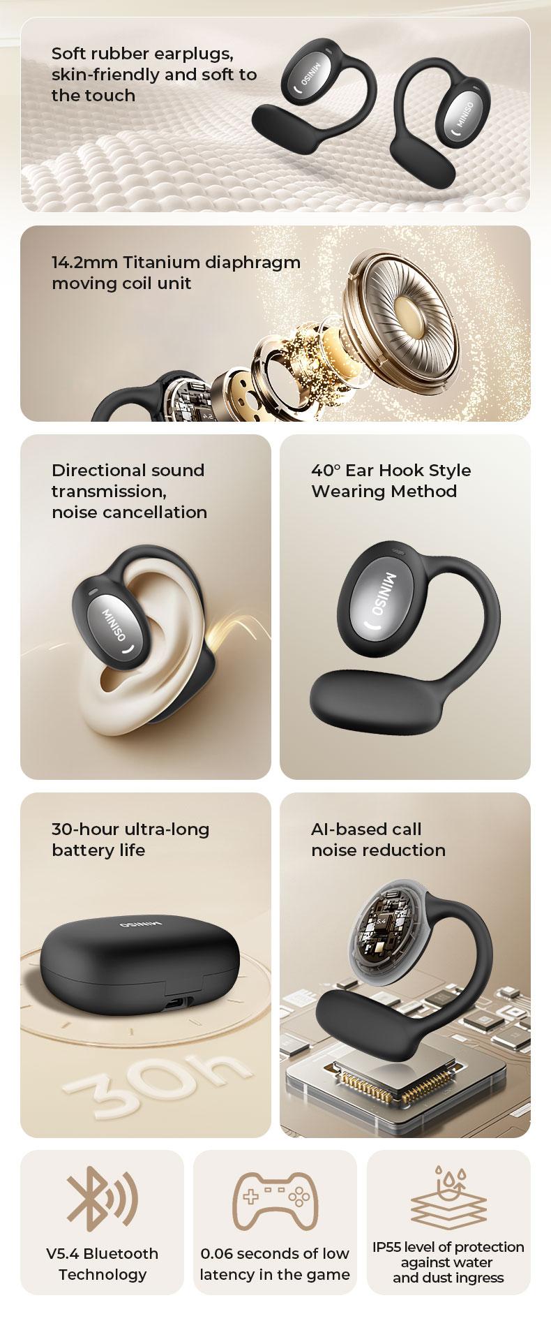 MINISO 181 earphones OWS open Bluetooth 6.0 sports earphones HIFI sound quality sports earphones IPX5 waterproof with microphone