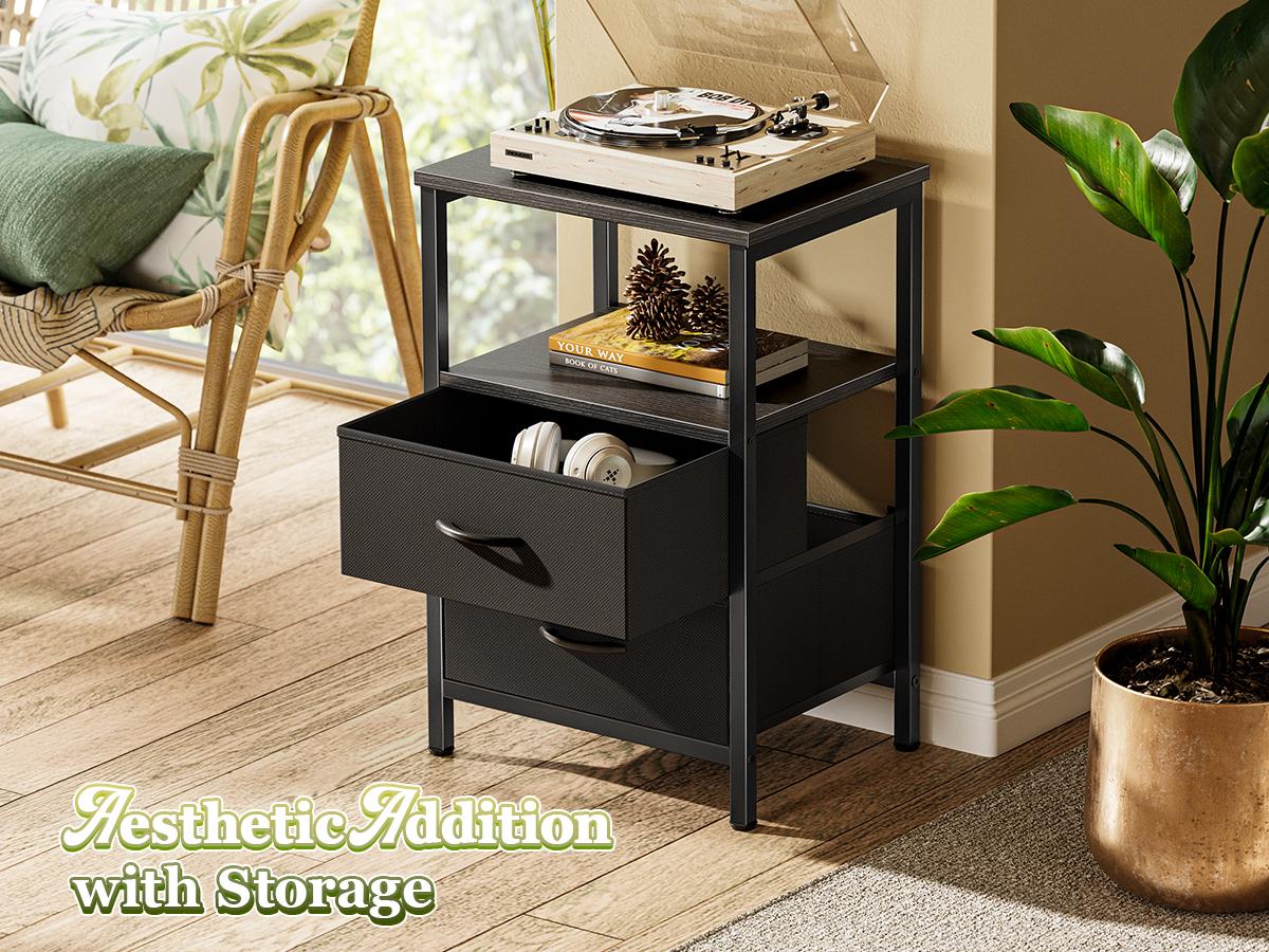 Huuger Night Stand with 2 Drawers, Bed Side Table with Open Shelf, Wooden Top, End Table for Small Space, Bedroom, Fabric Drawer Huuger Night Stand with 2 Drawers, Bed Side Table with Open Shelf, Wooden Top, End Table for Small Space, Bedroom, Fabric Drawer