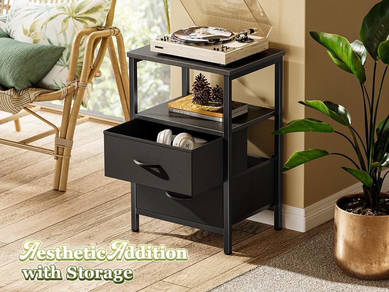 Huuger Night Stand with 2 Drawers, Bed Side Table with Open Shelf, Wooden Top, End Table for Small Space, Bedroom, Fabric Drawer Huuger Night Stand with 2 Drawers, Bed Side Table with Open Shelf, Wooden Top, End Table for Small Space, Bedroom, Fabric Drawer