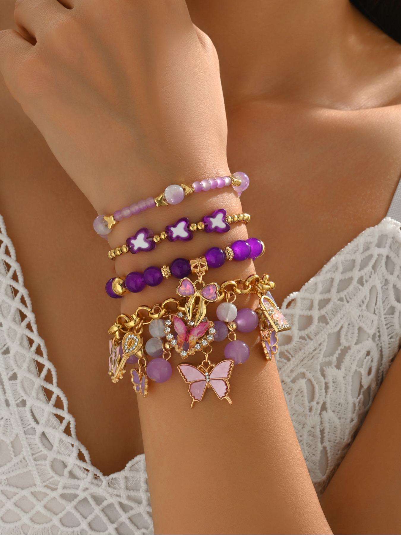 5Pcs Purple Butterfly Beaded Charm Bracelet Stack Set, Multi-Piece Stretchable Layered Bracelets with Gold Tone, Y2K Boho Style, Perfect for Daily Wear, Festival, Beach, Casual & Formal Occasions